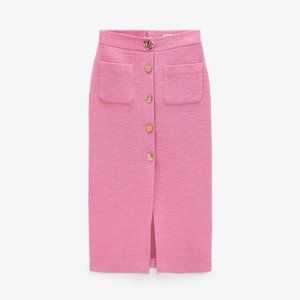 Zara Pink Textured Skirt with Buttons